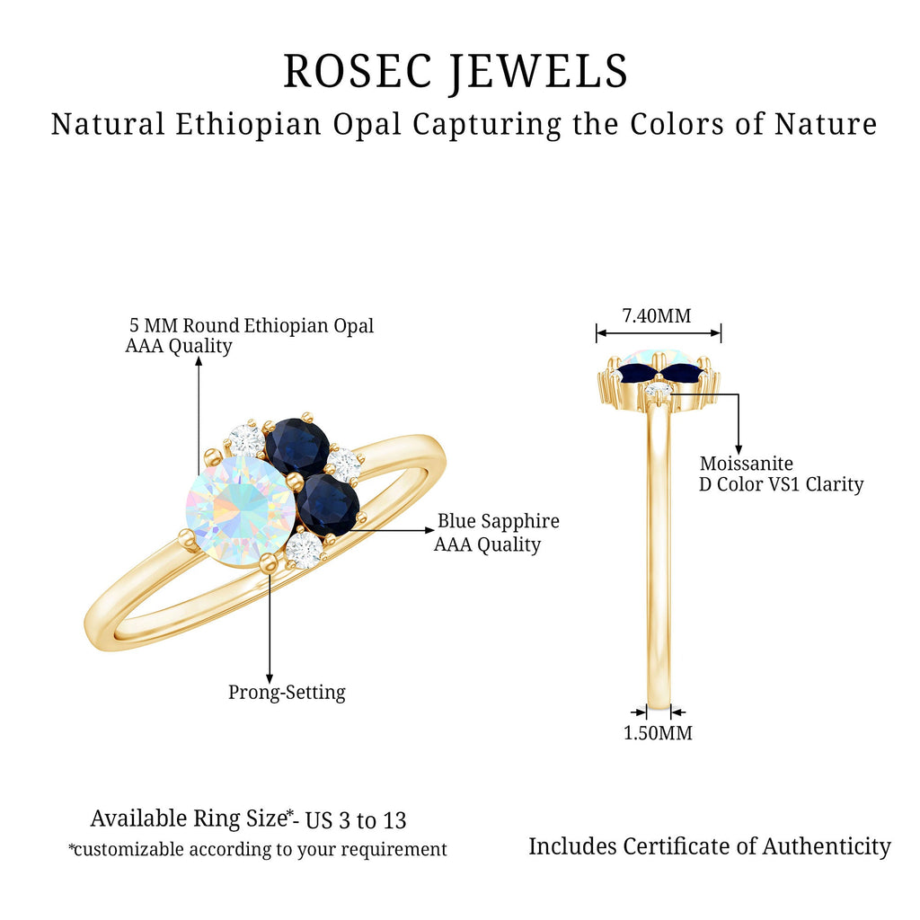 Genuine Ethiopian Opal and Sapphire Cluster Promise Ring with Diamond