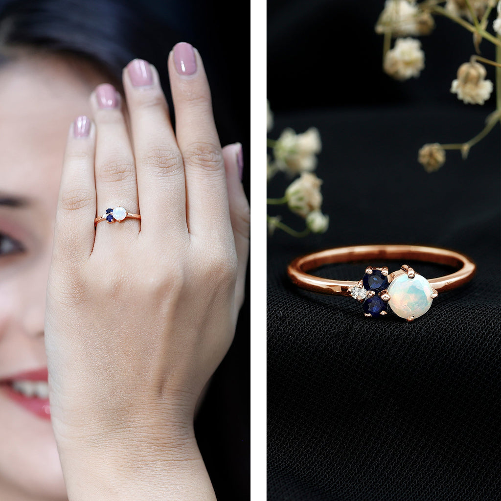 Genuine Ethiopian Opal and Sapphire Cluster Promise Ring with Diamond