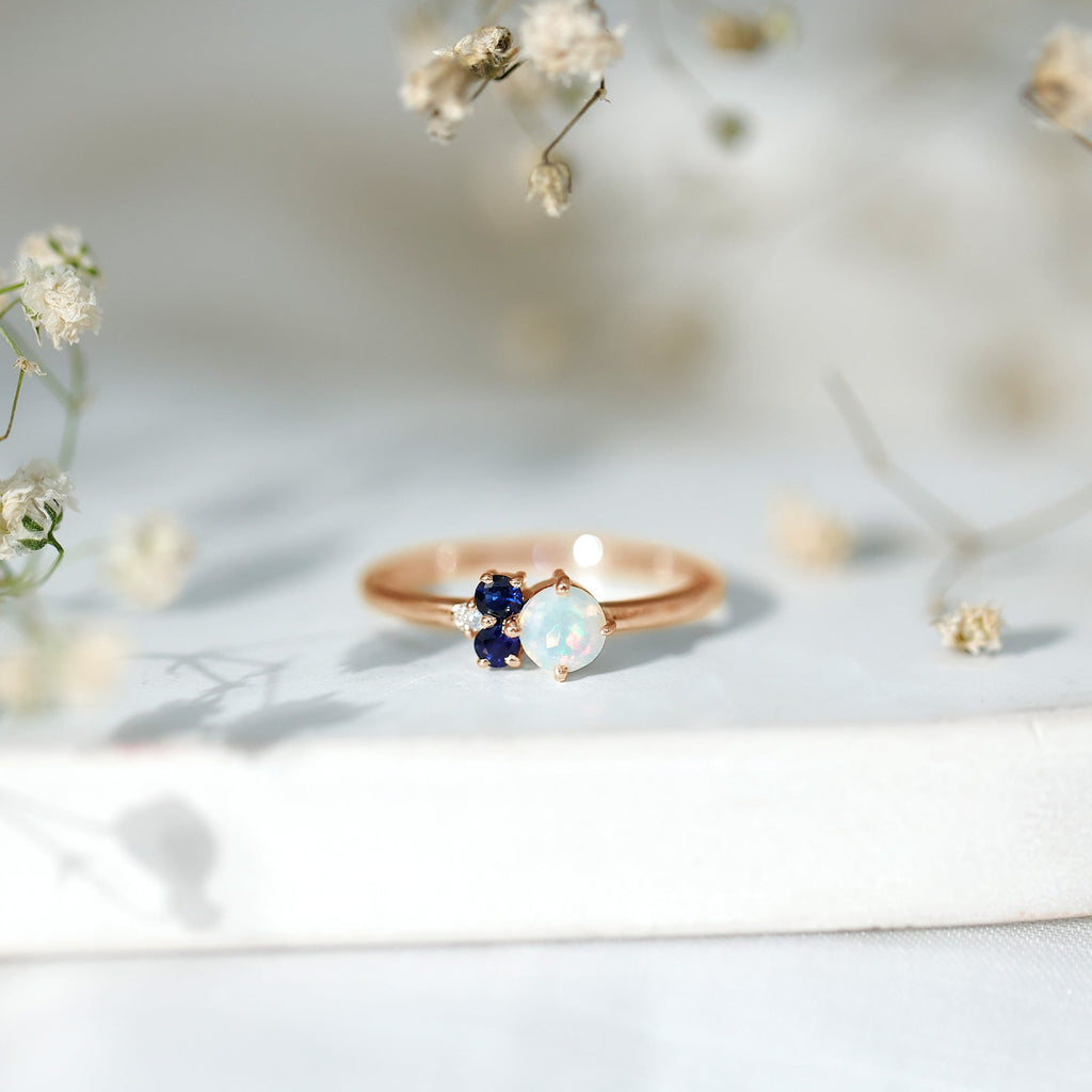 Genuine Ethiopian Opal and Sapphire Cluster Promise Ring with Diamond