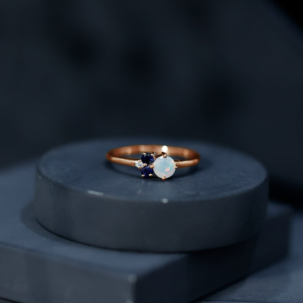 Genuine Ethiopian Opal and Sapphire Cluster Promise Ring with Diamond