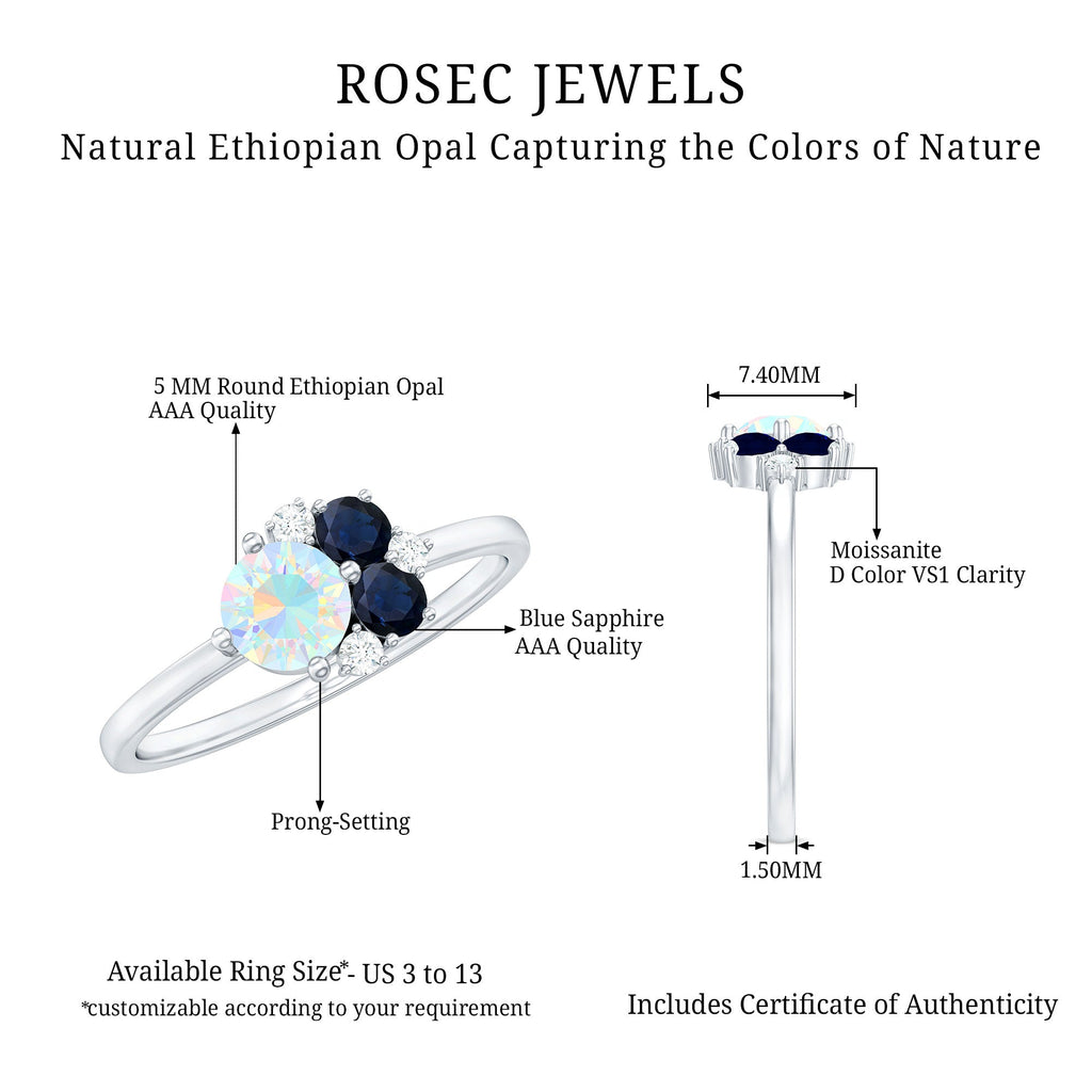 Genuine Ethiopian Opal and Sapphire Cluster Promise Ring with Diamond