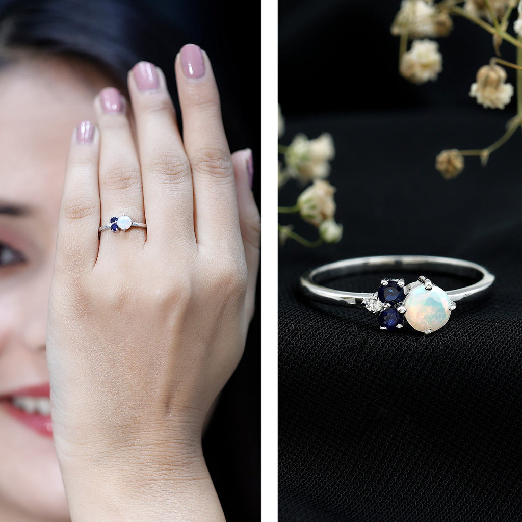 Genuine Ethiopian Opal and Sapphire Cluster Promise Ring with Diamond