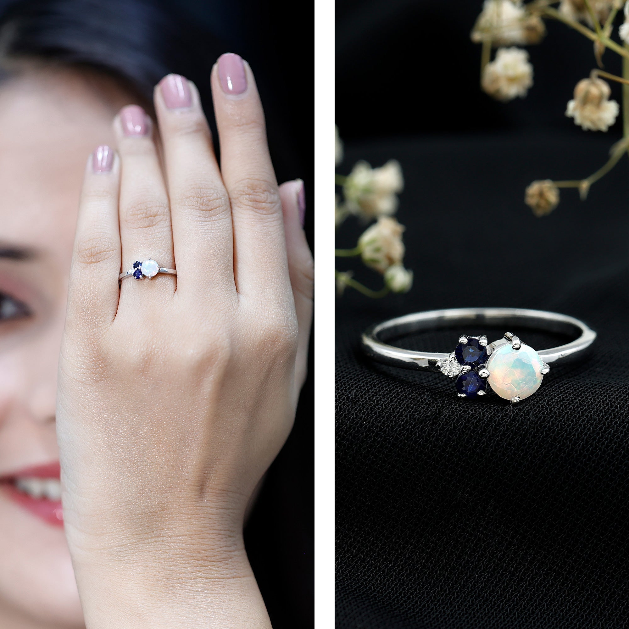 Genuine Ethiopian Opal and Sapphire Cluster Promise Ring with Diamond
