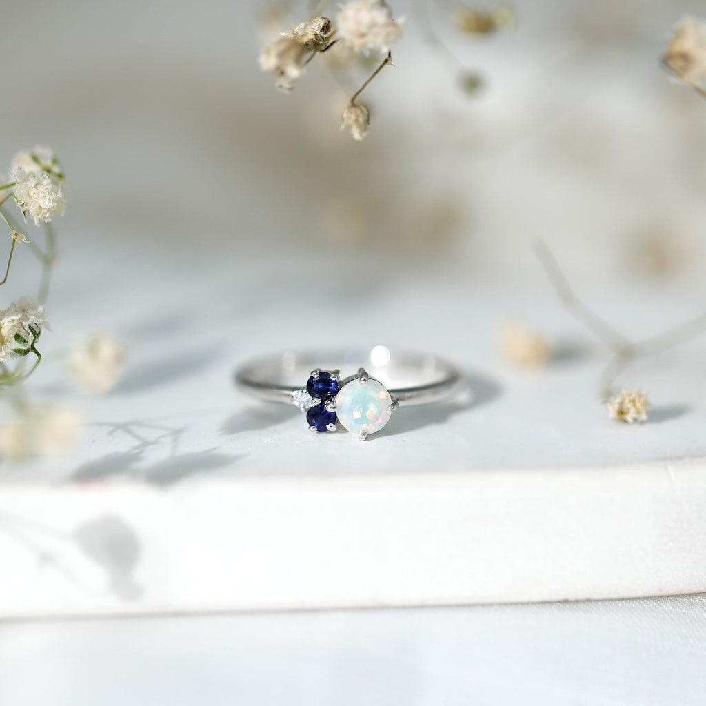 Genuine Ethiopian Opal and Sapphire Cluster Promise Ring with Diamond