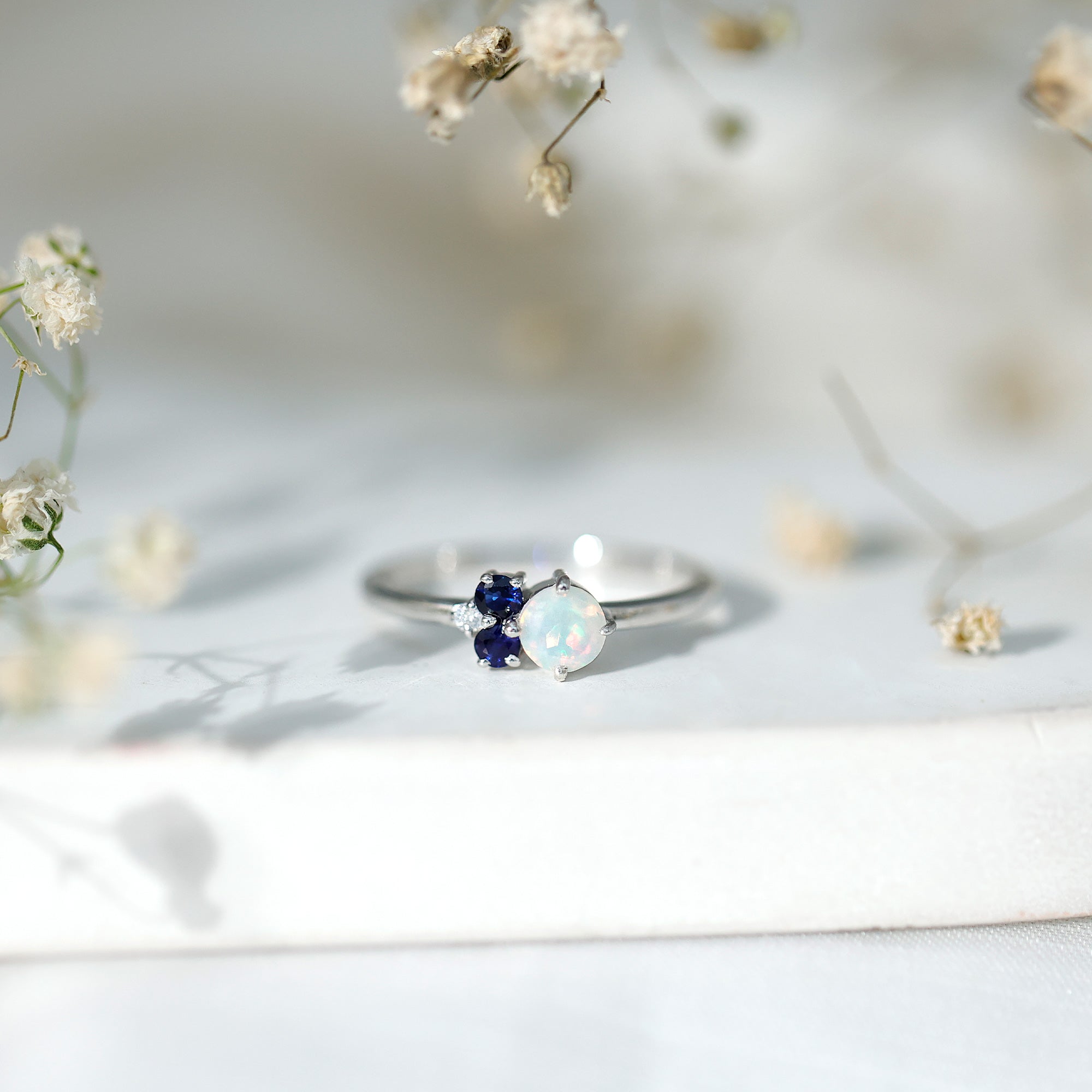 Genuine Ethiopian Opal and Sapphire Cluster Promise Ring with Diamond