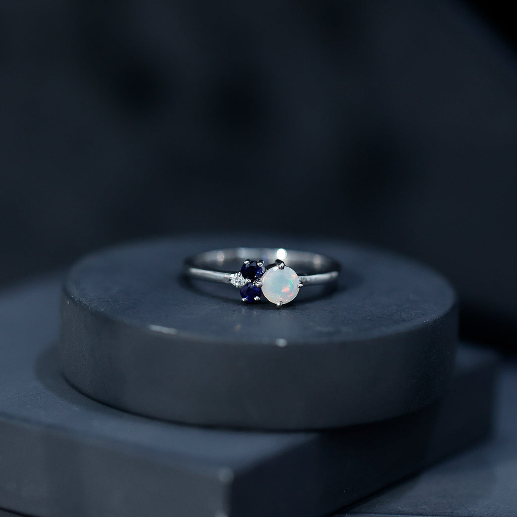 Genuine Ethiopian Opal and Sapphire Cluster Promise Ring with Diamond
