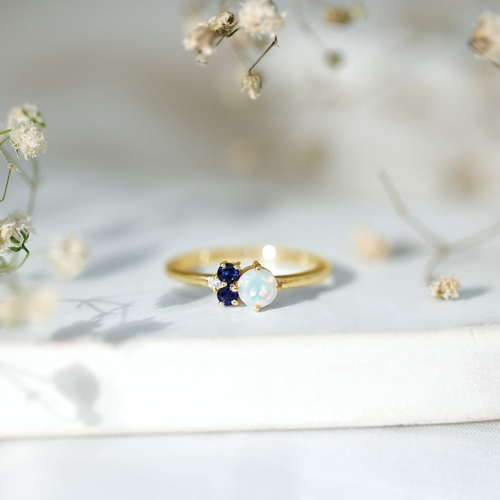Genuine Ethiopian Opal and Sapphire Cluster Promise Ring with Diamond