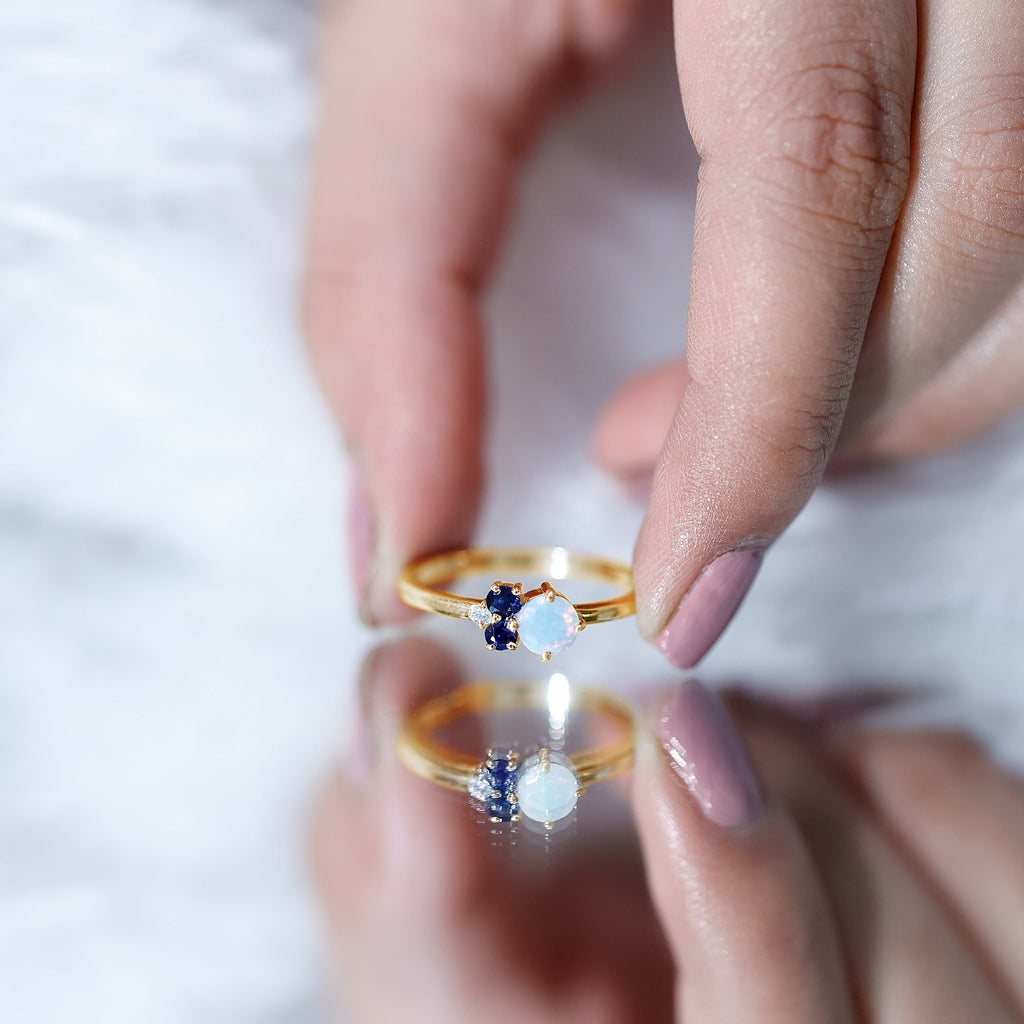 Genuine Ethiopian Opal and Sapphire Cluster Promise Ring with Diamond