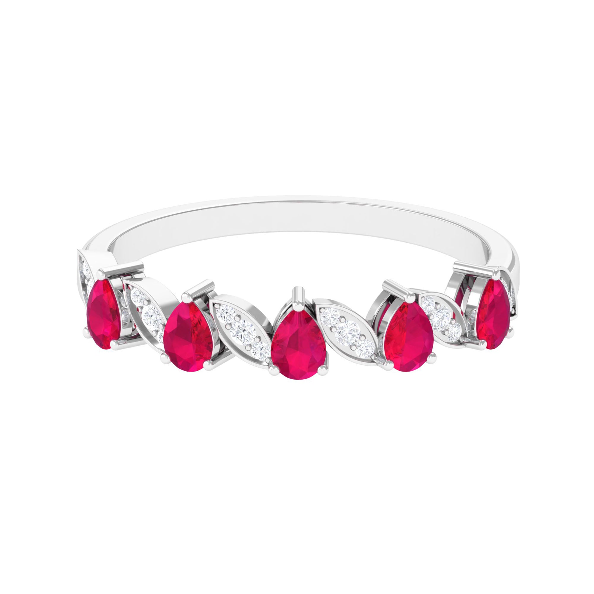Real Pear Shape Ruby Half Eternity Ring with Diamond for Women