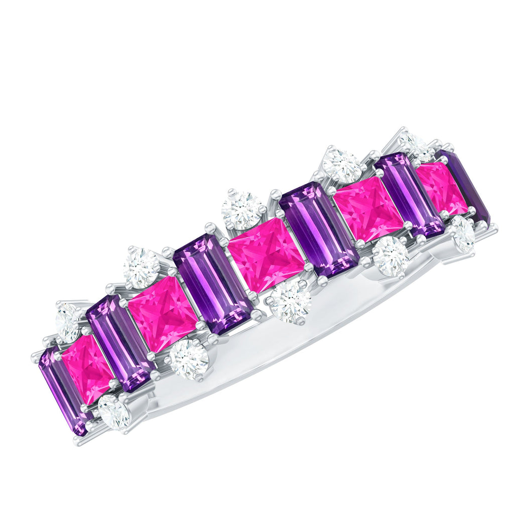 Lab Created Pink Sapphire and Amethyst Half Eternity Band with Diamond