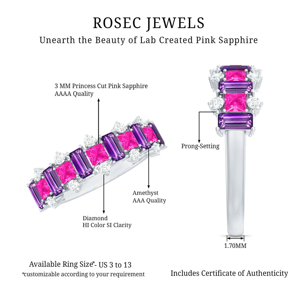 Lab Created Pink Sapphire and Amethyst Half Eternity Band with Diamond