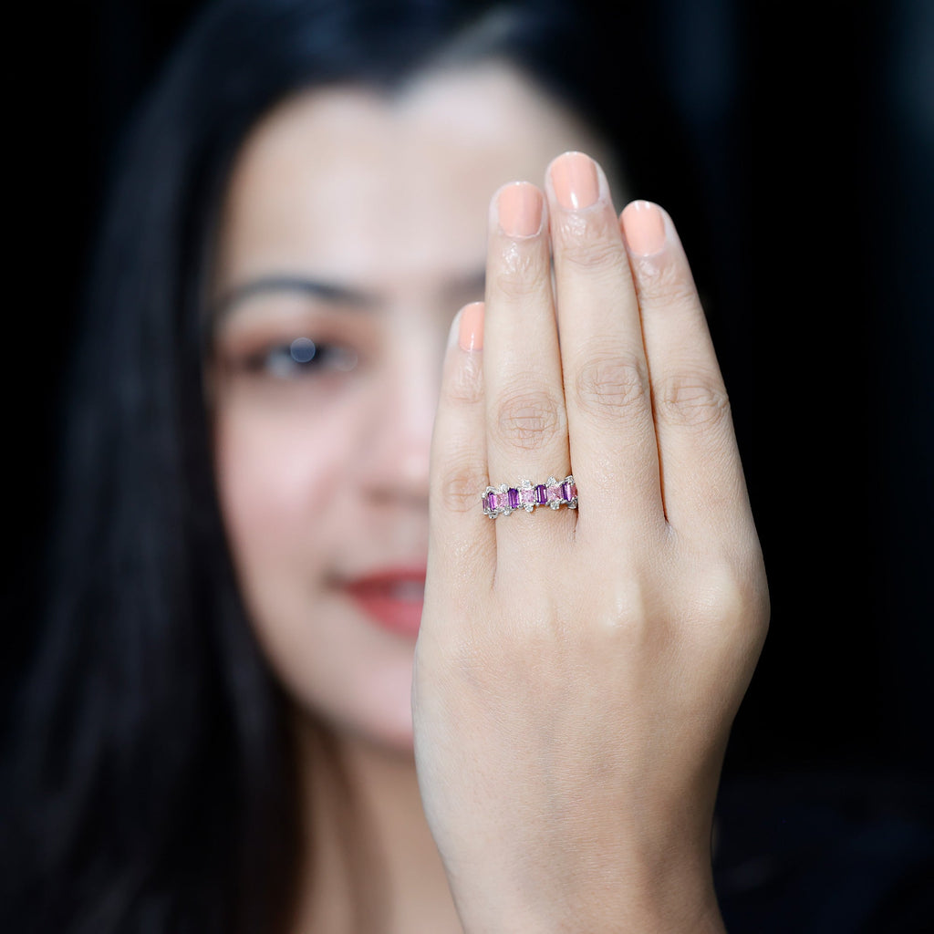 Lab Created Pink Sapphire and Amethyst Half Eternity Band with Diamond