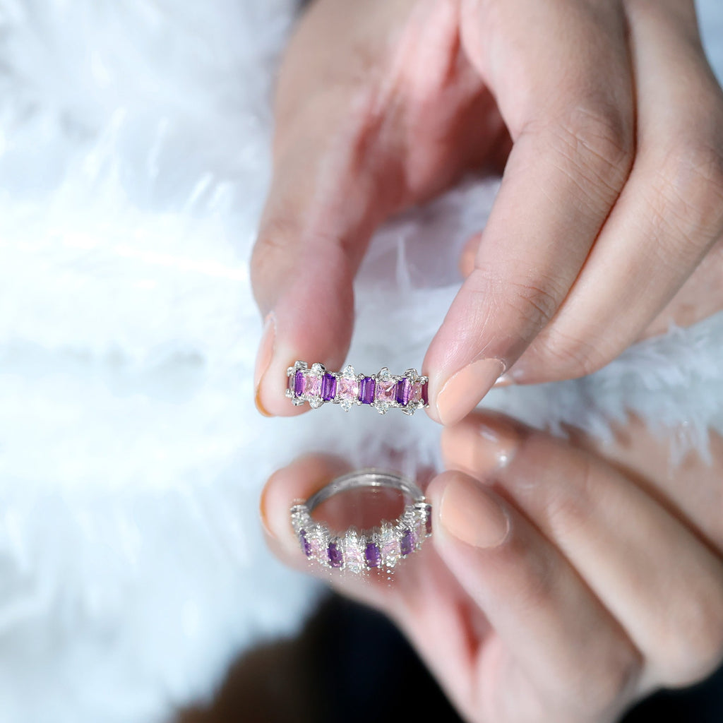 Lab Created Pink Sapphire and Amethyst Half Eternity Band with Diamond