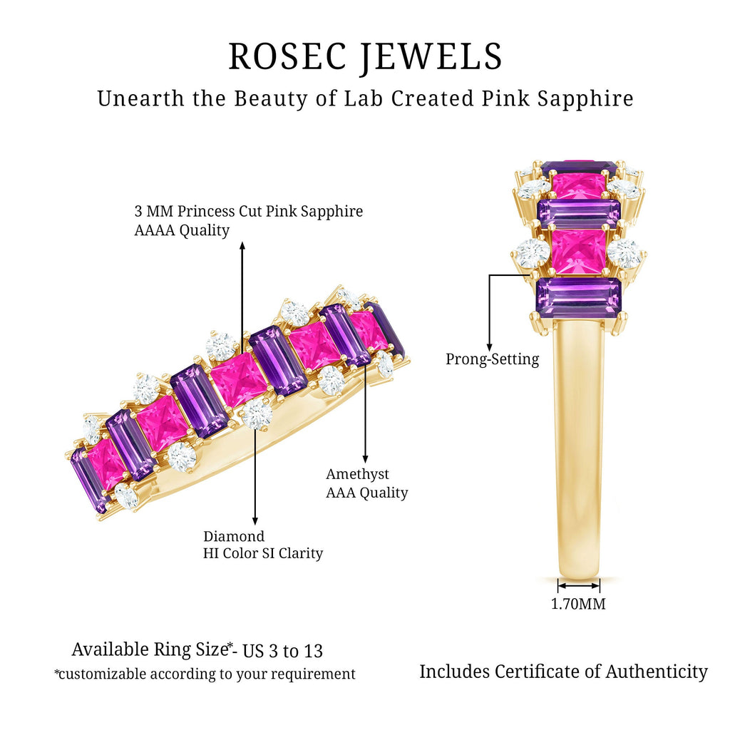 Lab Created Pink Sapphire and Amethyst Half Eternity Band with Diamond