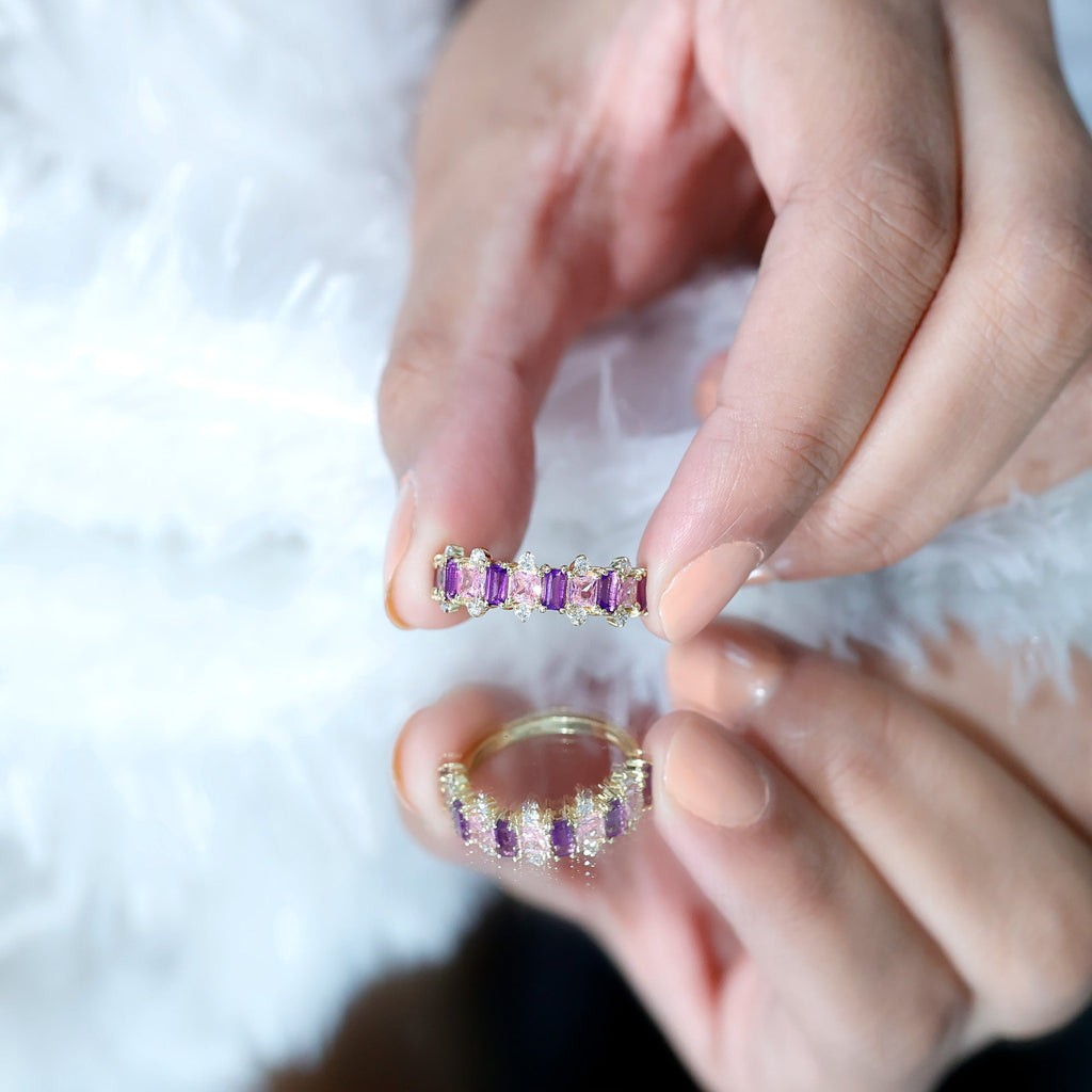 Lab Created Pink Sapphire and Amethyst Half Eternity Band with Diamond