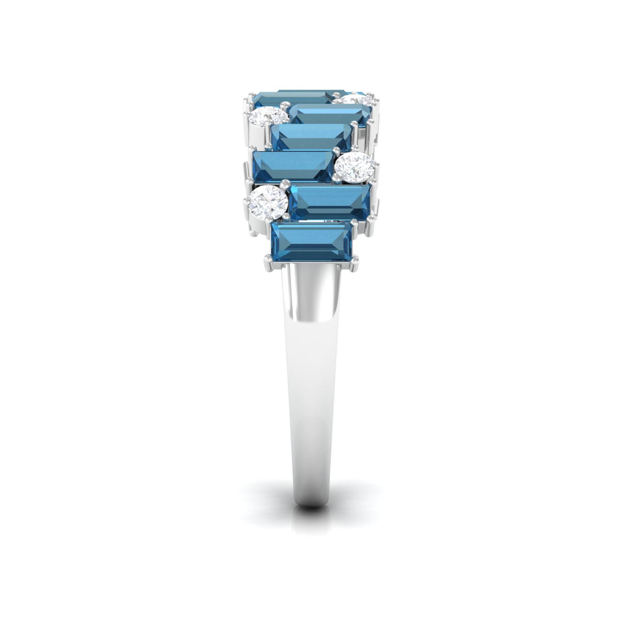 Baguette London Blue Topaz Uneven Eternity Ring with Diamond