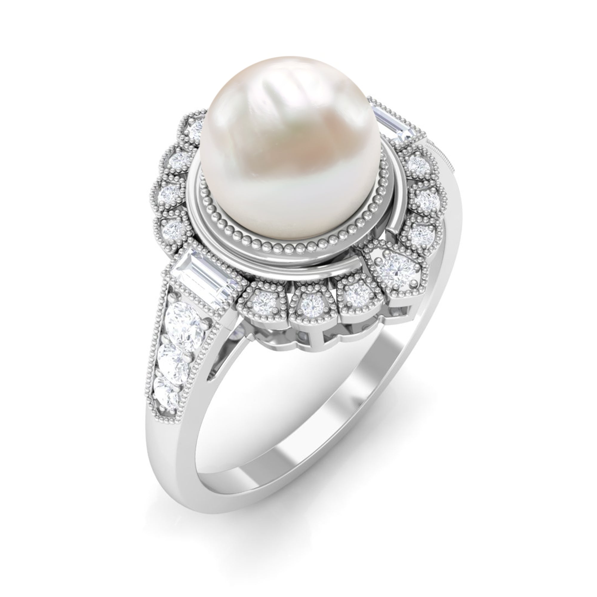 Vintage Inspired 3 Carat Freshwater Pearl Engagement Ring with Diamond