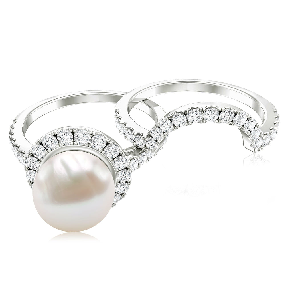 Cultured 7 mm Freshwater Pearl Engagement Ring with Diamond Wedding Band