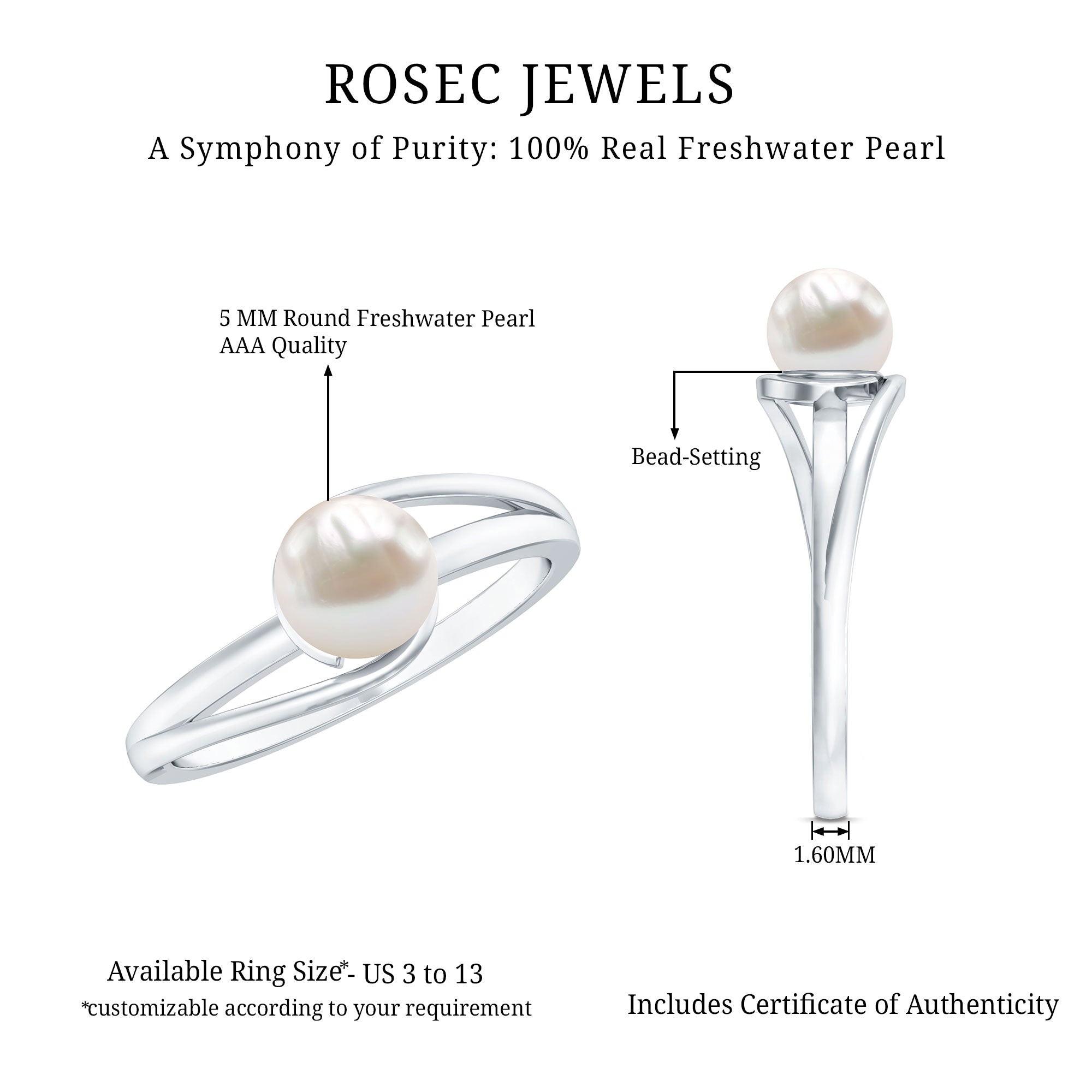Cultured 2 Carat Freshwater Pearl Solitaire Engagement Ring with Bypass Shank
