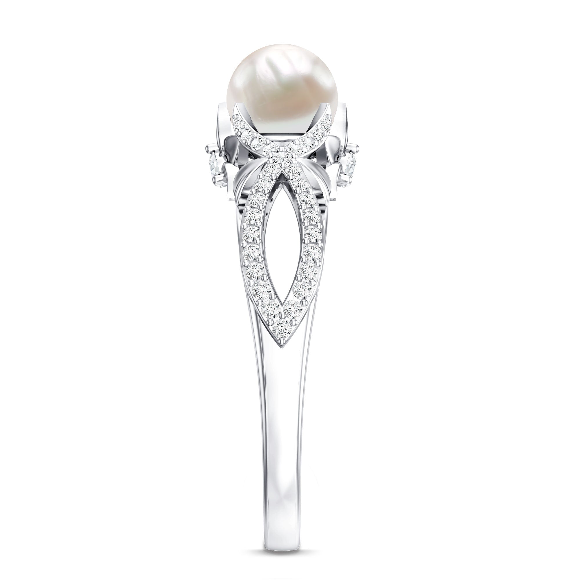 Cultured 2 Carat Freshwater Pearl Solitaire Engagement Ring with Diamond Crossover Shank