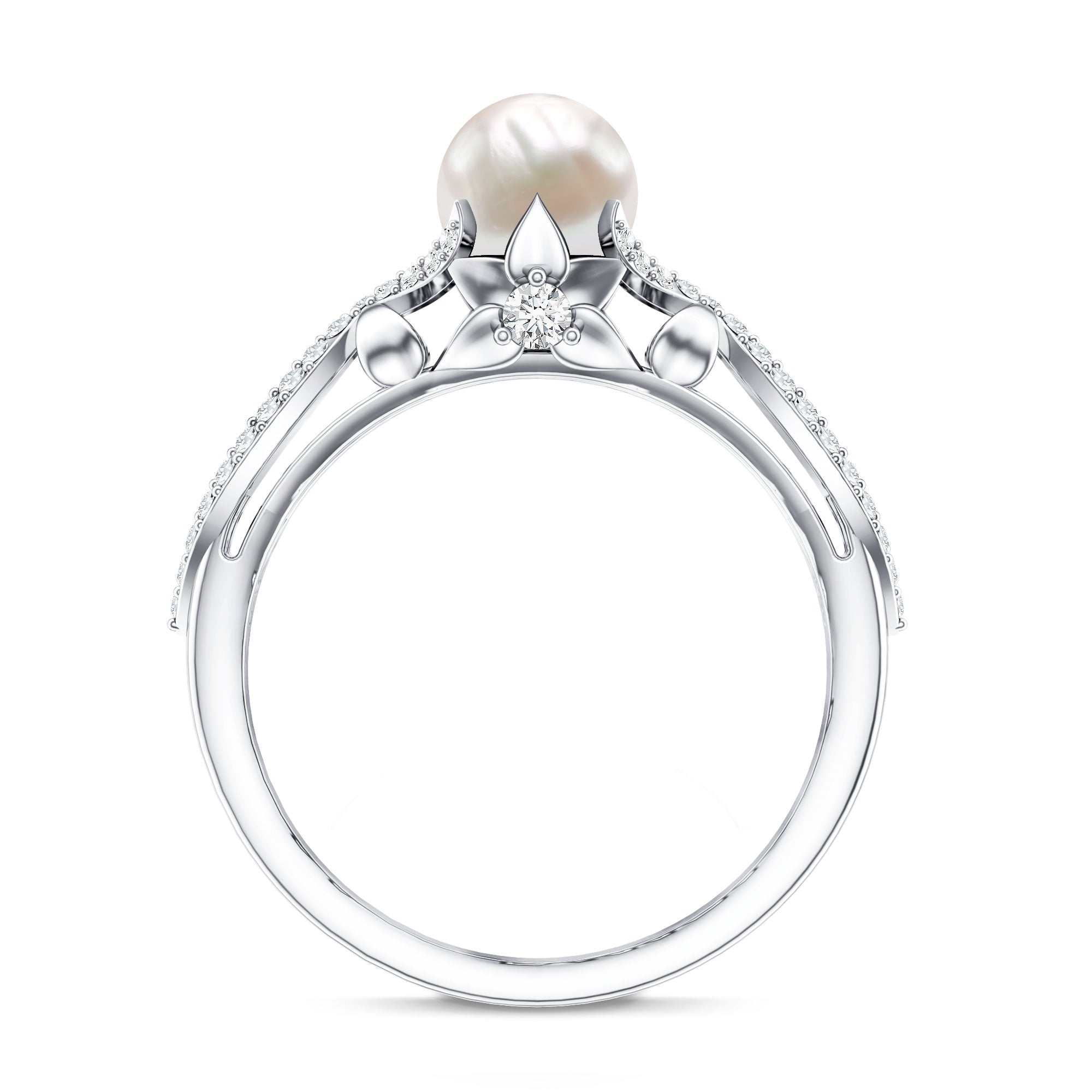 Cultured 2 Carat Freshwater Pearl Solitaire Engagement Ring with Diamond Crossover Shank