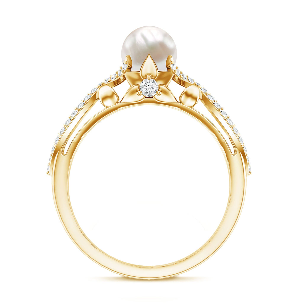 Cultured 2 Carat Freshwater Pearl Solitaire Engagement Ring with Diamond Crossover Shank