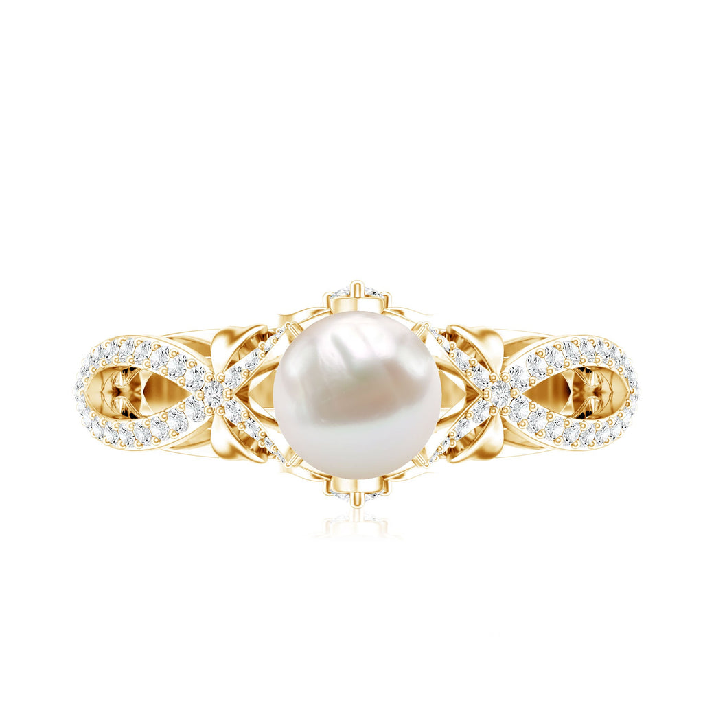 Cultured 2 Carat Freshwater Pearl Solitaire Engagement Ring with Diamond Crossover Shank