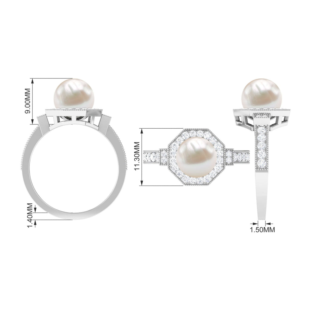 Art Deco Inspired 2 Carat Freshwater Pearl Engagement Ring with Diamond Halo
