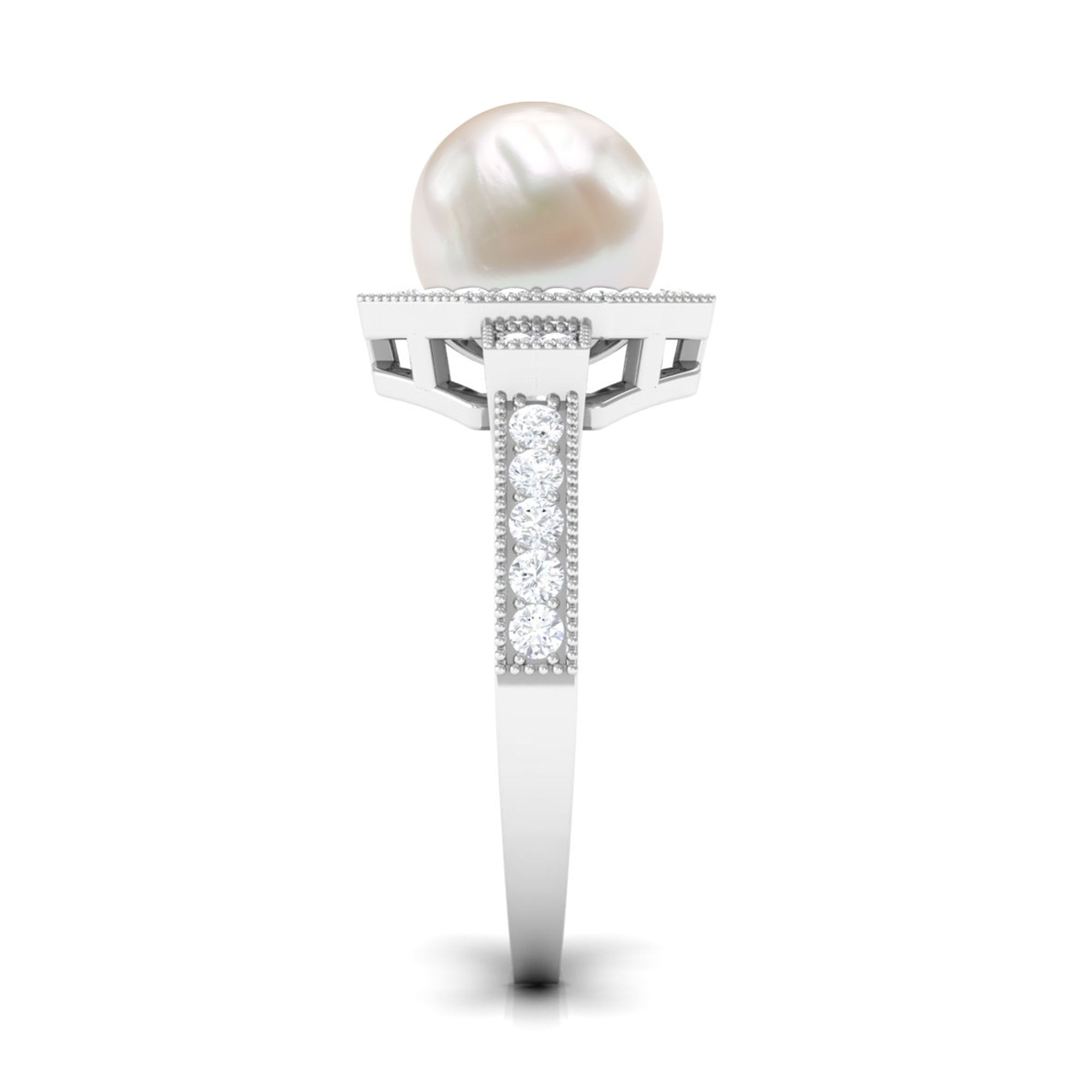 Art Deco Inspired 2 Carat Freshwater Pearl Engagement Ring with Diamond Halo