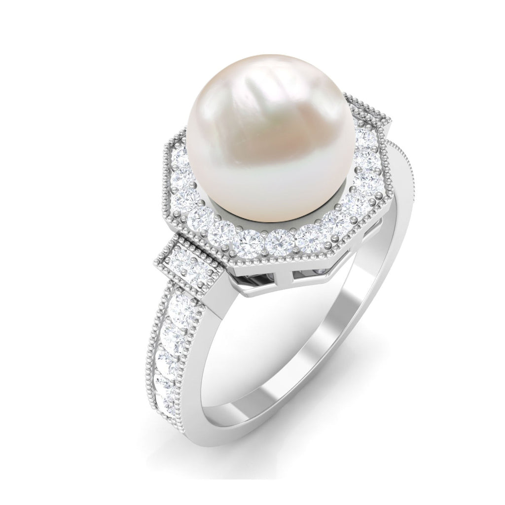 Art Deco Inspired 2 Carat Freshwater Pearl Engagement Ring with Diamond Halo