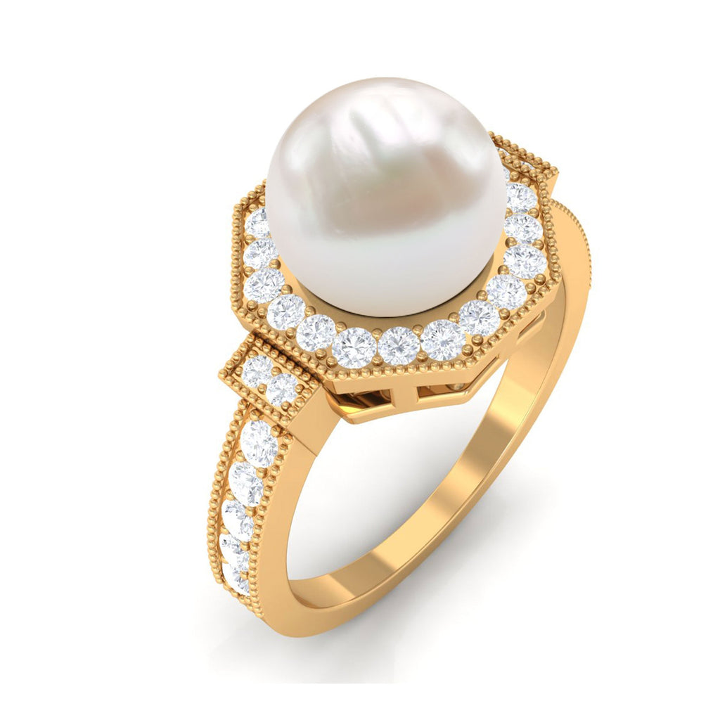 Art Deco Inspired 2 Carat Freshwater Pearl Engagement Ring with Diamond Halo