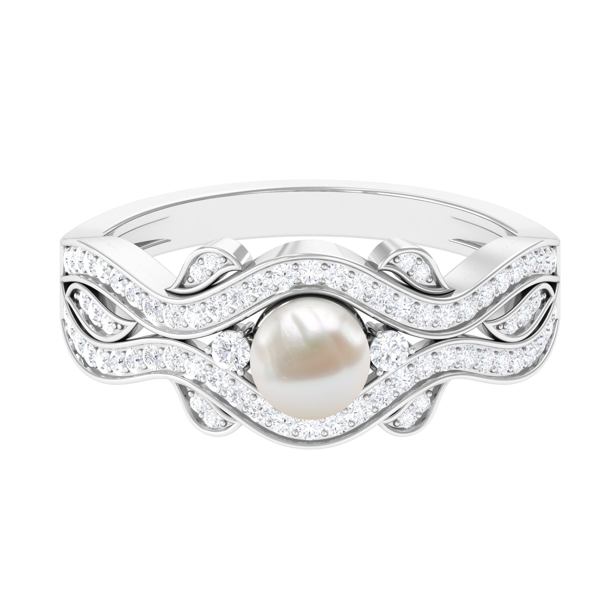 Genuine 2 Carat Pearl Art Deco Engagement Ring with Diamond for Women