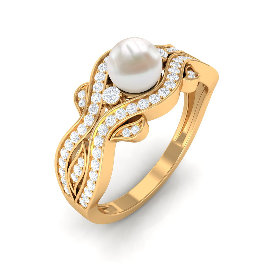 Genuine 2 Carat Pearl Art Deco Engagement Ring with Diamond for Women