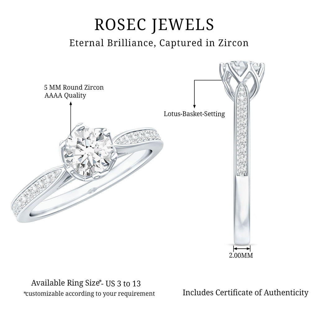 Lotus Basket Set Cubic Zirconia Engagement Ring with Side Stones