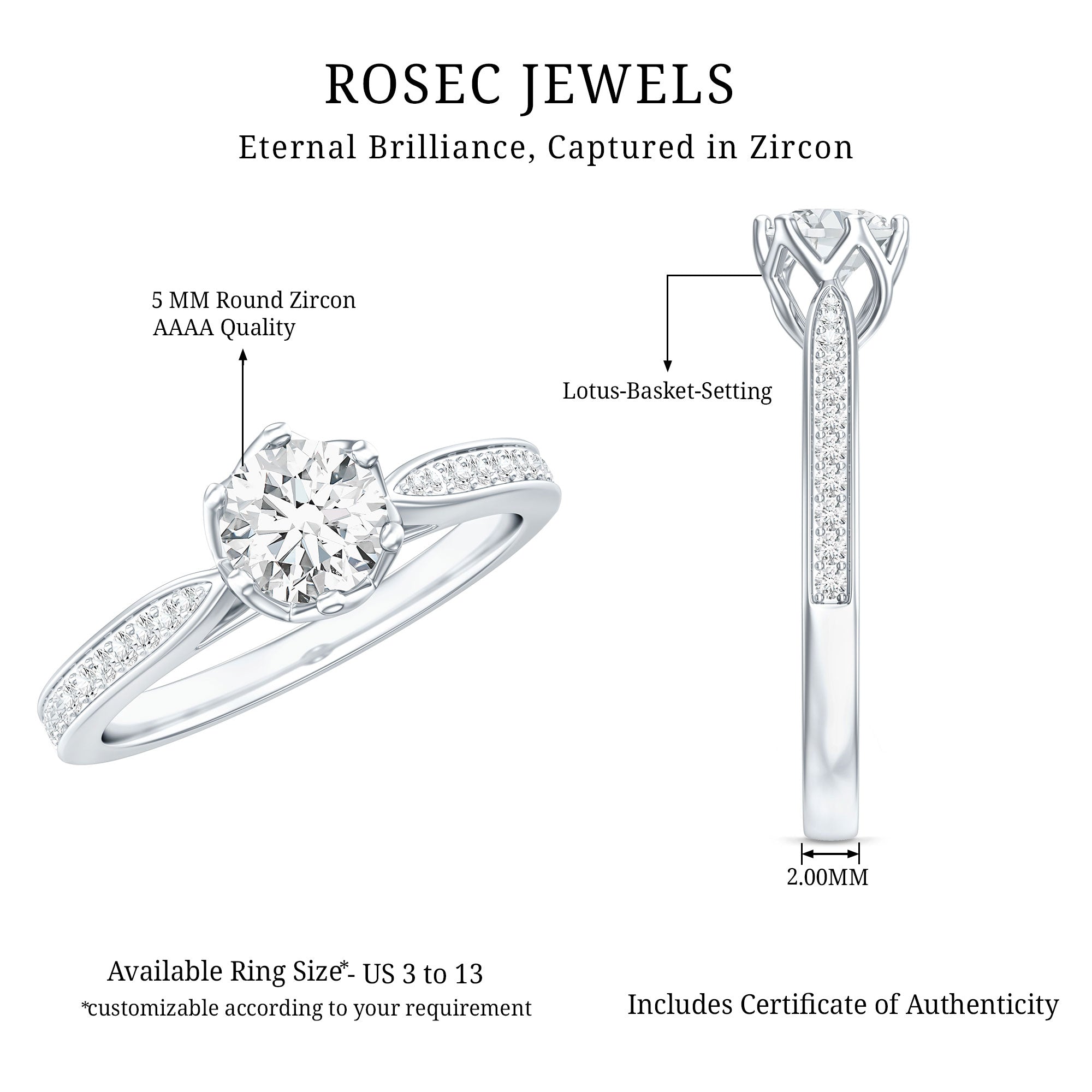 Lotus Basket Set Cubic Zirconia Engagement Ring with Side Stones