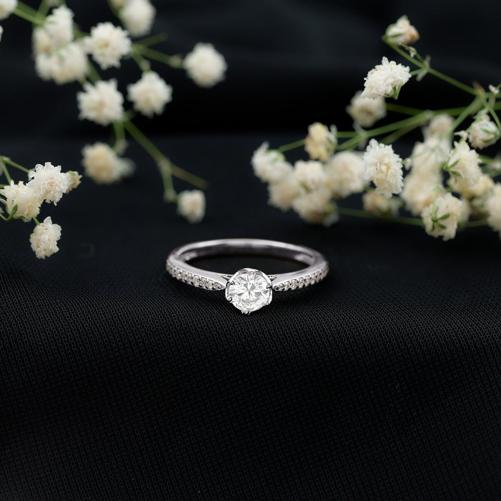 Lotus Basket Set Cubic Zirconia Engagement Ring with Side Stones
