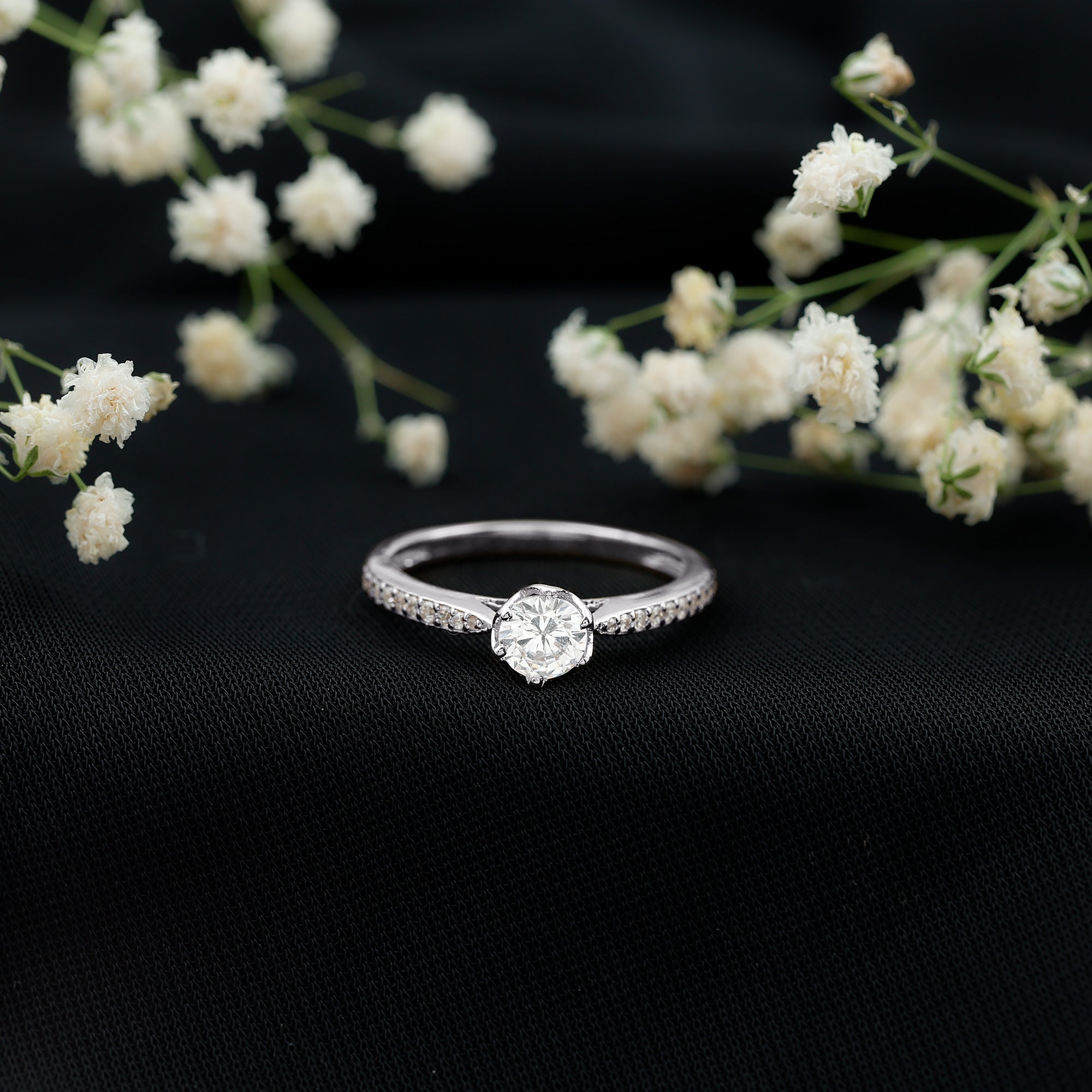 Lotus Basket Set Cubic Zirconia Engagement Ring with Side Stones
