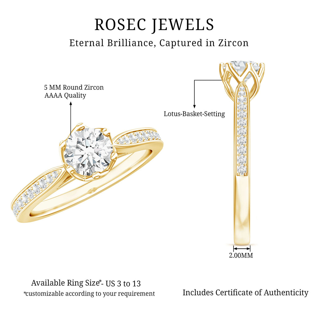Lotus Basket Set Cubic Zirconia Engagement Ring with Side Stones