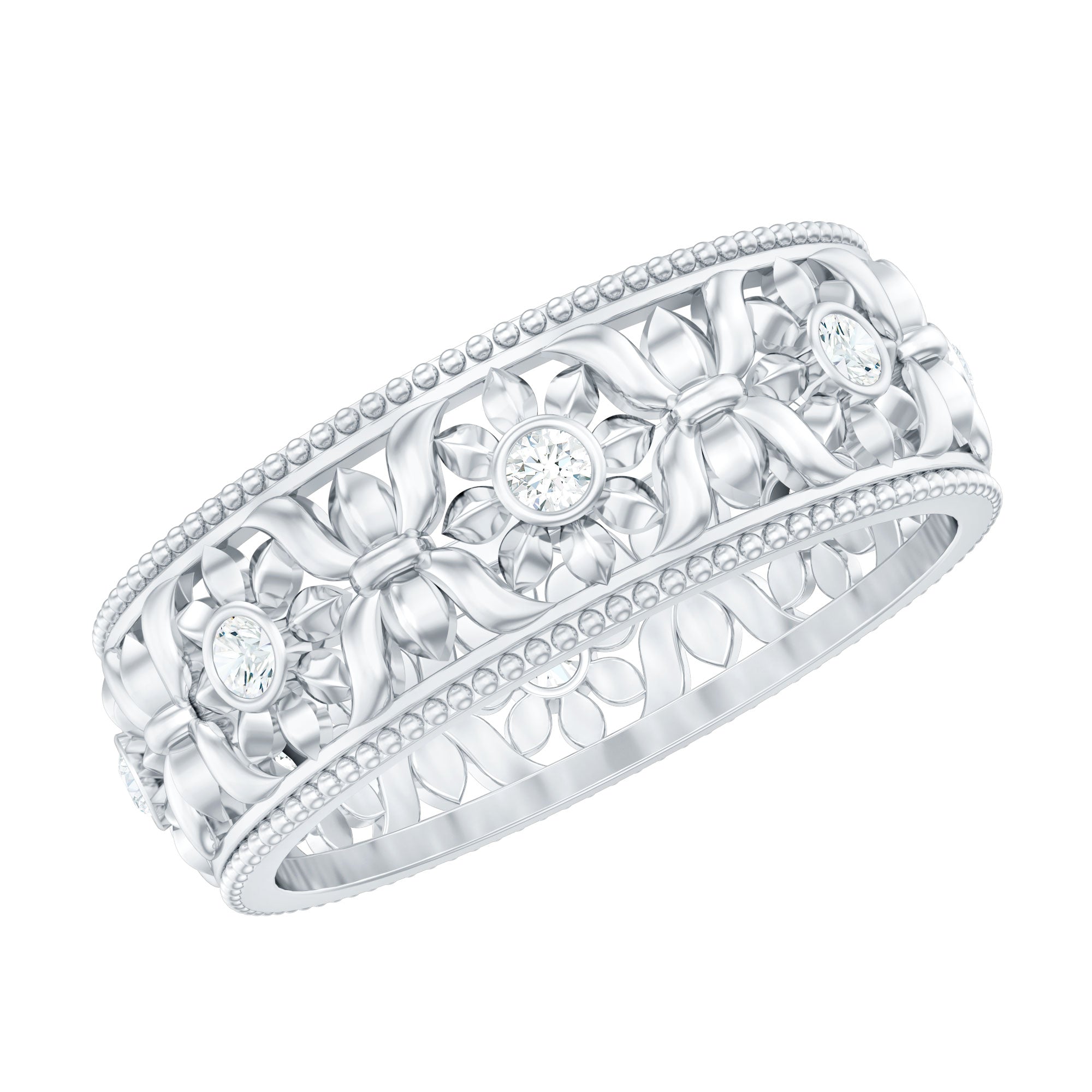 Vintage Inspired Cubic Zirconia Flower Wedding Band with Certificate
