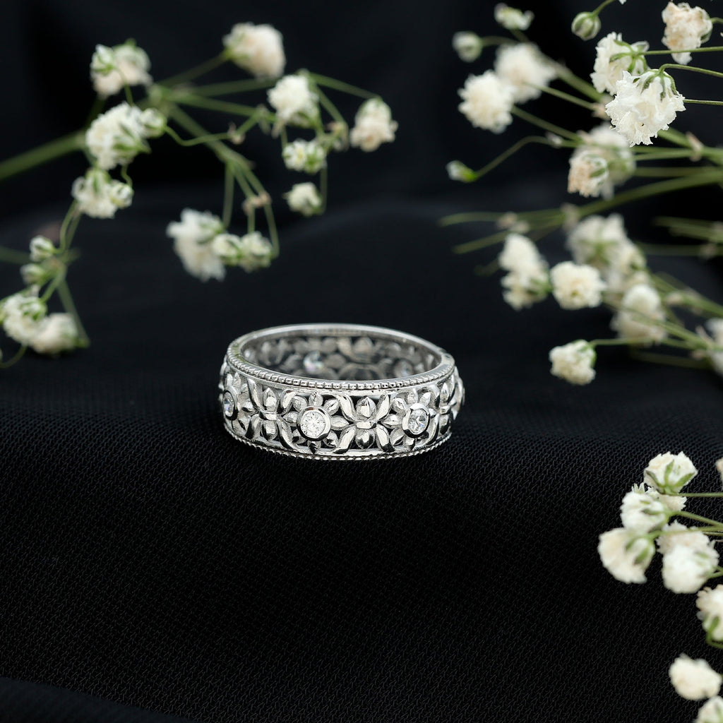Vintage Inspired Cubic Zirconia Flower Wedding Band with Certificate
