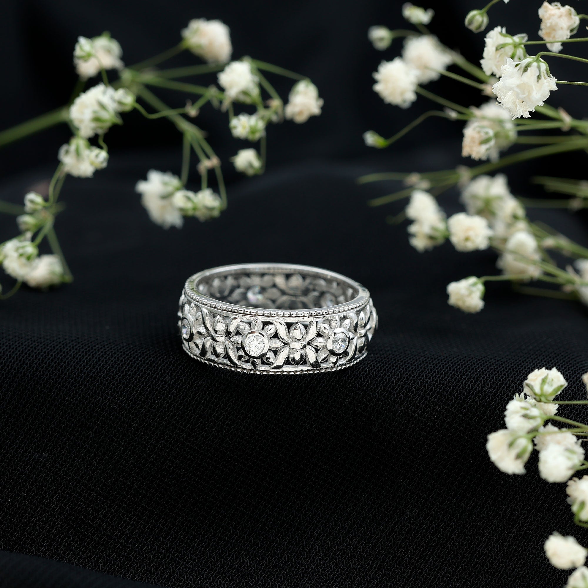 Vintage Inspired Cubic Zirconia Flower Wedding Band with Certificate