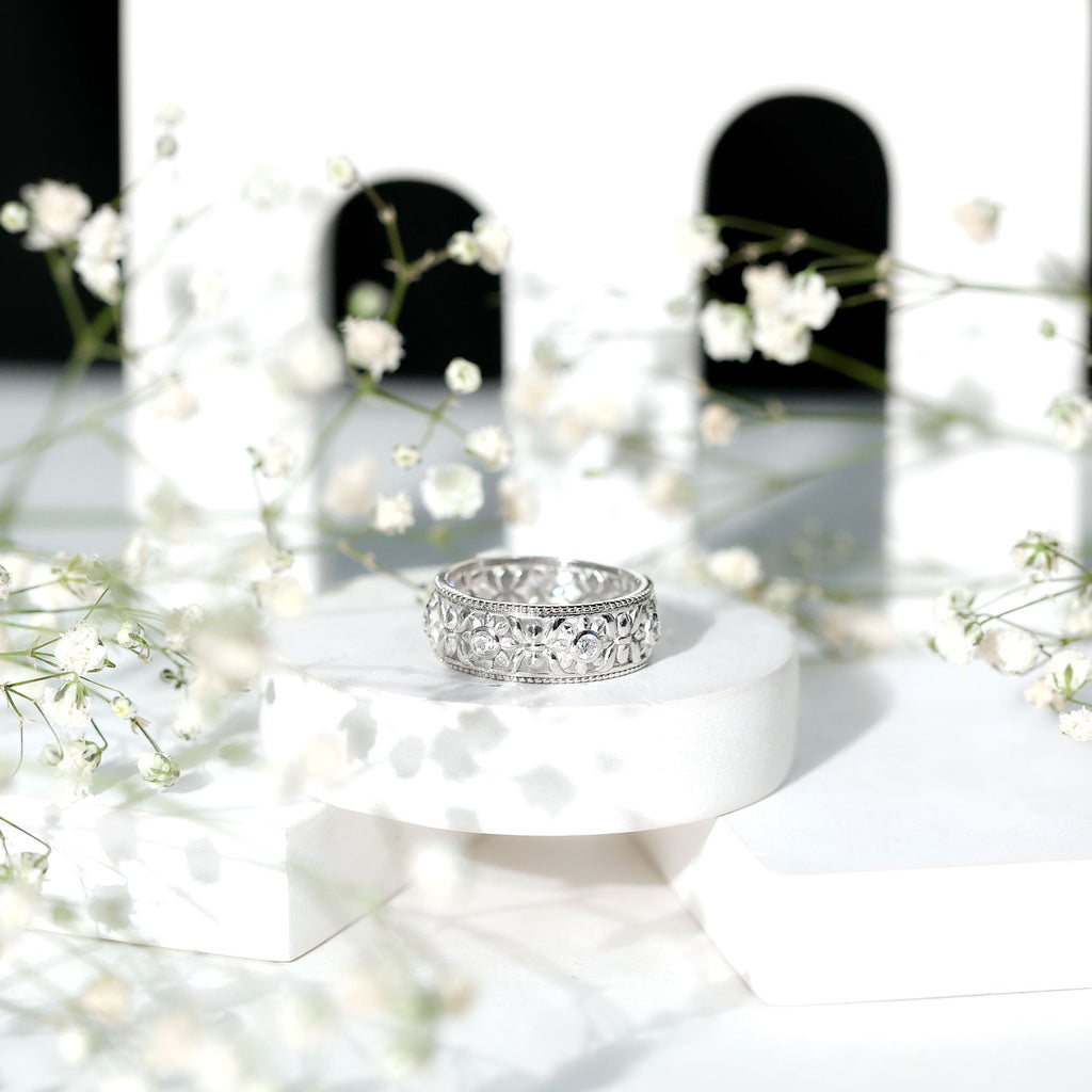 Vintage Inspired Cubic Zirconia Flower Wedding Band with Certificate