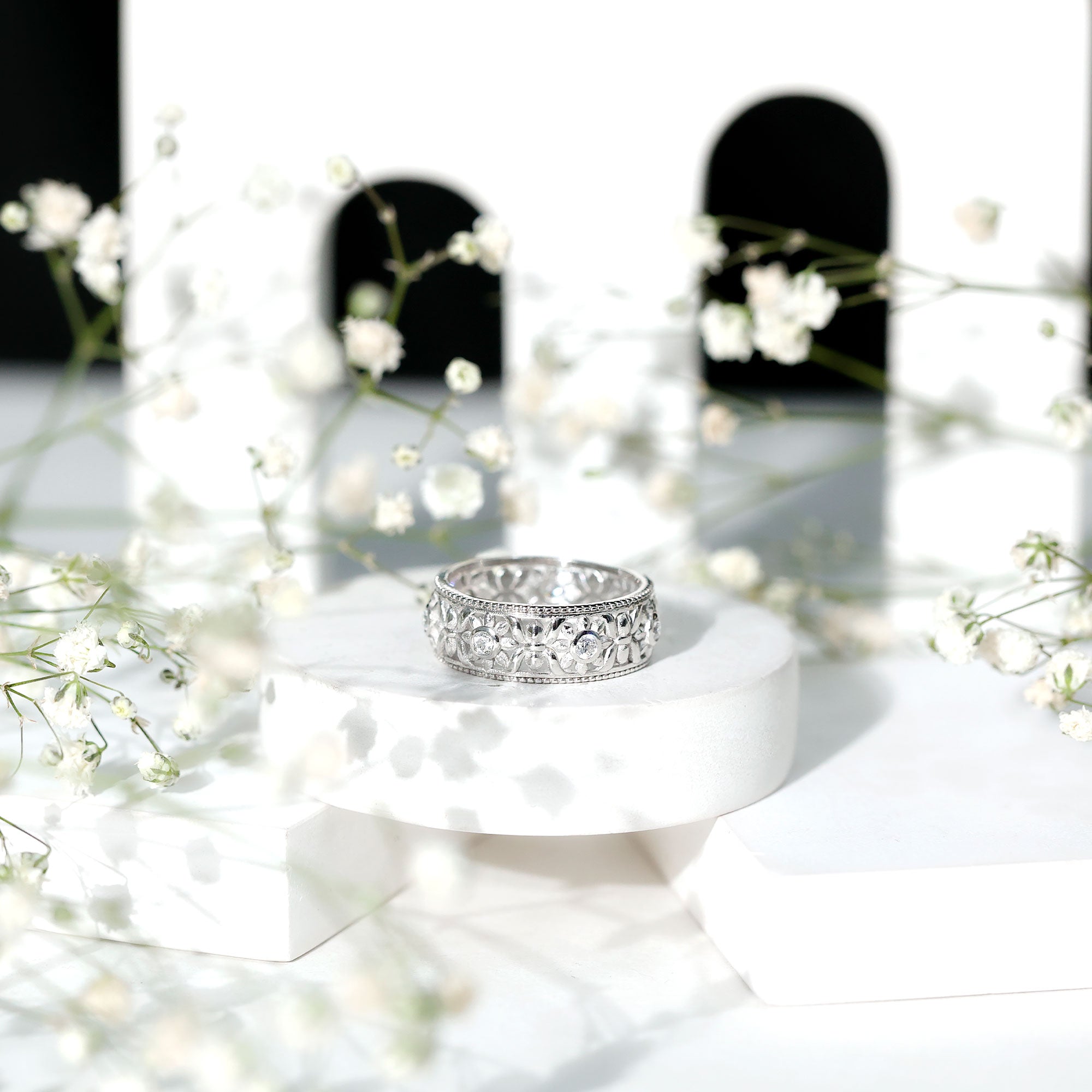 Vintage Inspired Cubic Zirconia Flower Wedding Band with Certificate