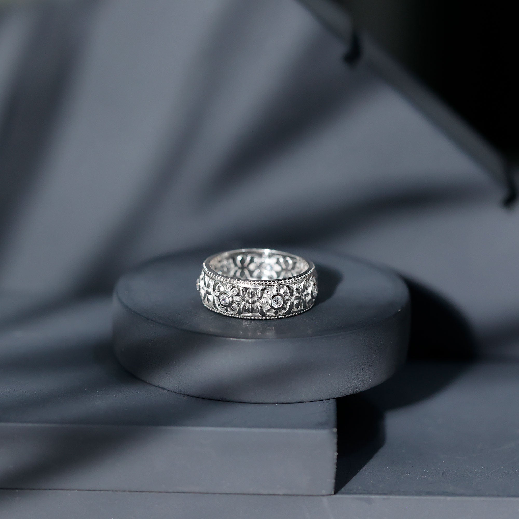Vintage Inspired Cubic Zirconia Flower Wedding Band with Certificate