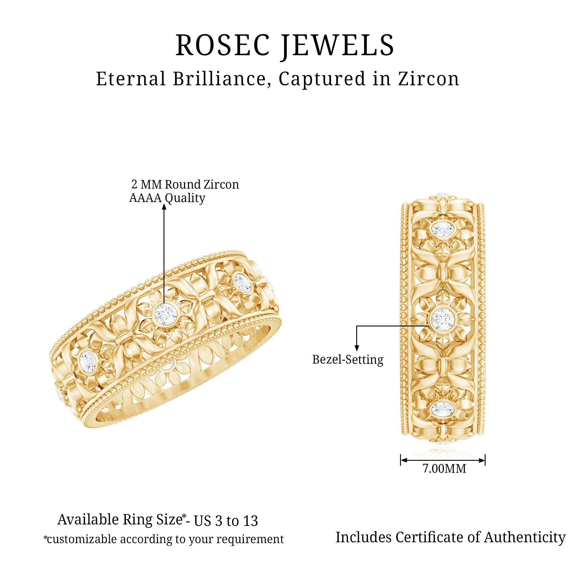 Vintage Inspired Cubic Zirconia Flower Wedding Band with Certificate
