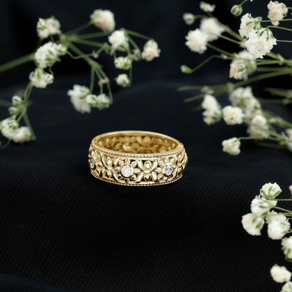 Vintage Inspired Cubic Zirconia Flower Wedding Band with Certificate