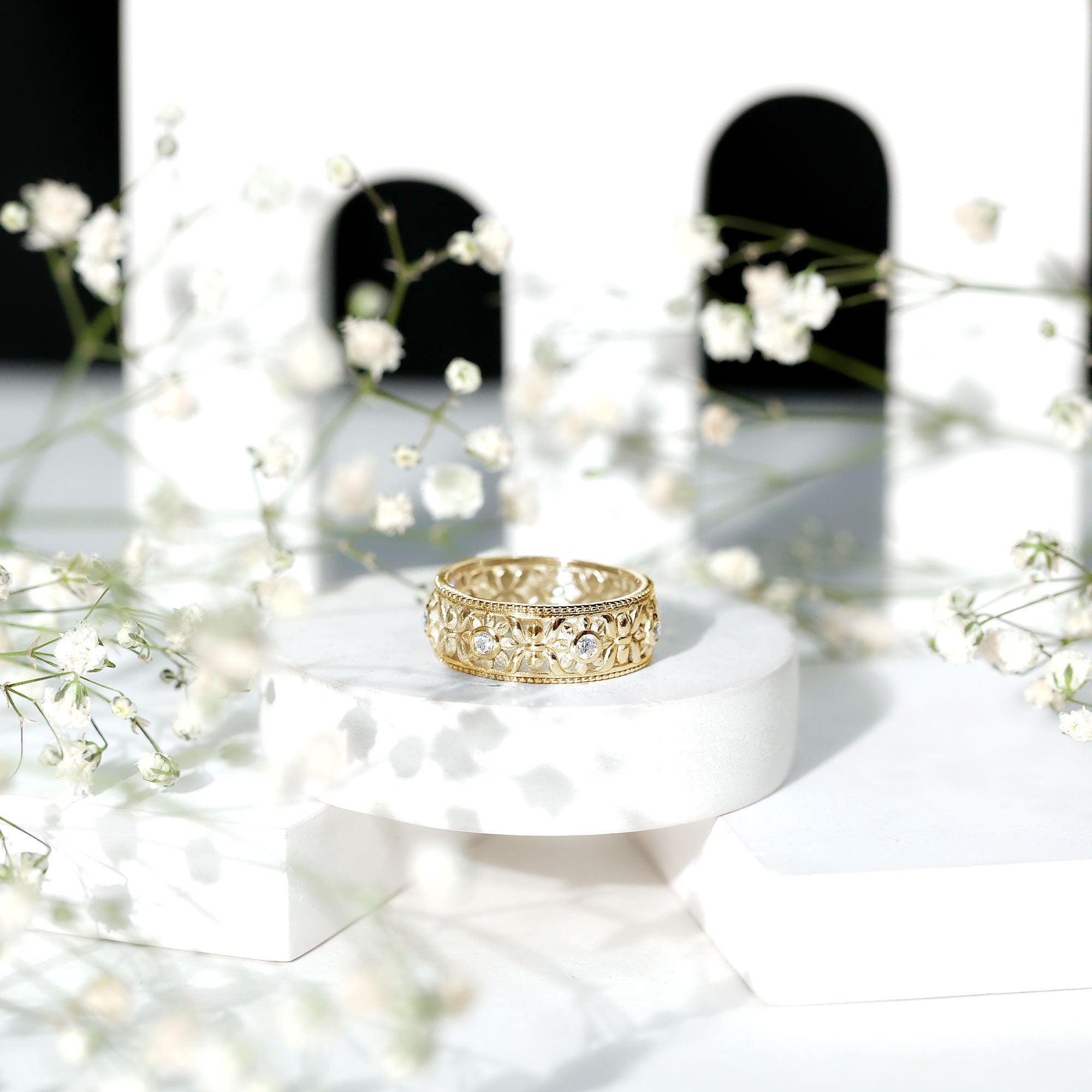 Vintage Inspired Cubic Zirconia Flower Wedding Band with Certificate