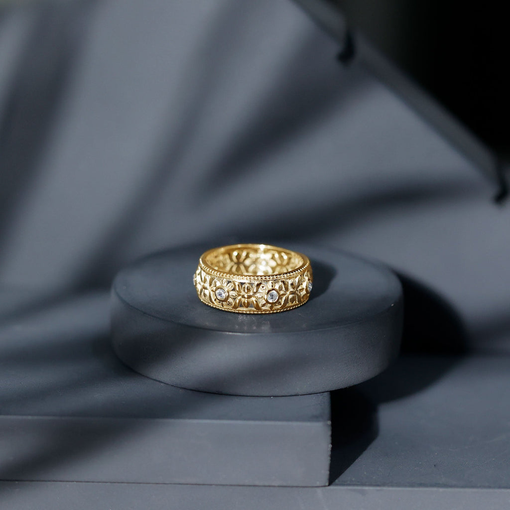Vintage Inspired Cubic Zirconia Flower Wedding Band with Certificate