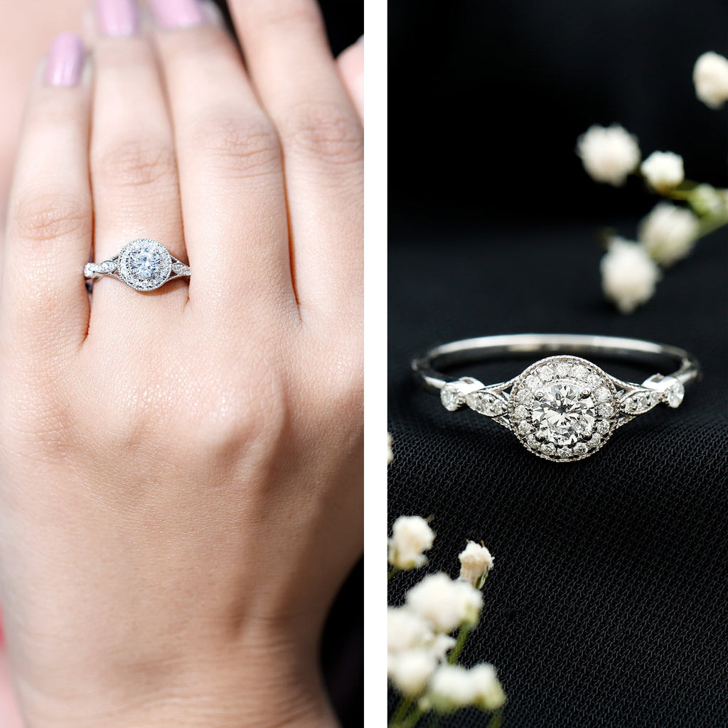 Antique Inspired Zircon Halo Engagement Ring