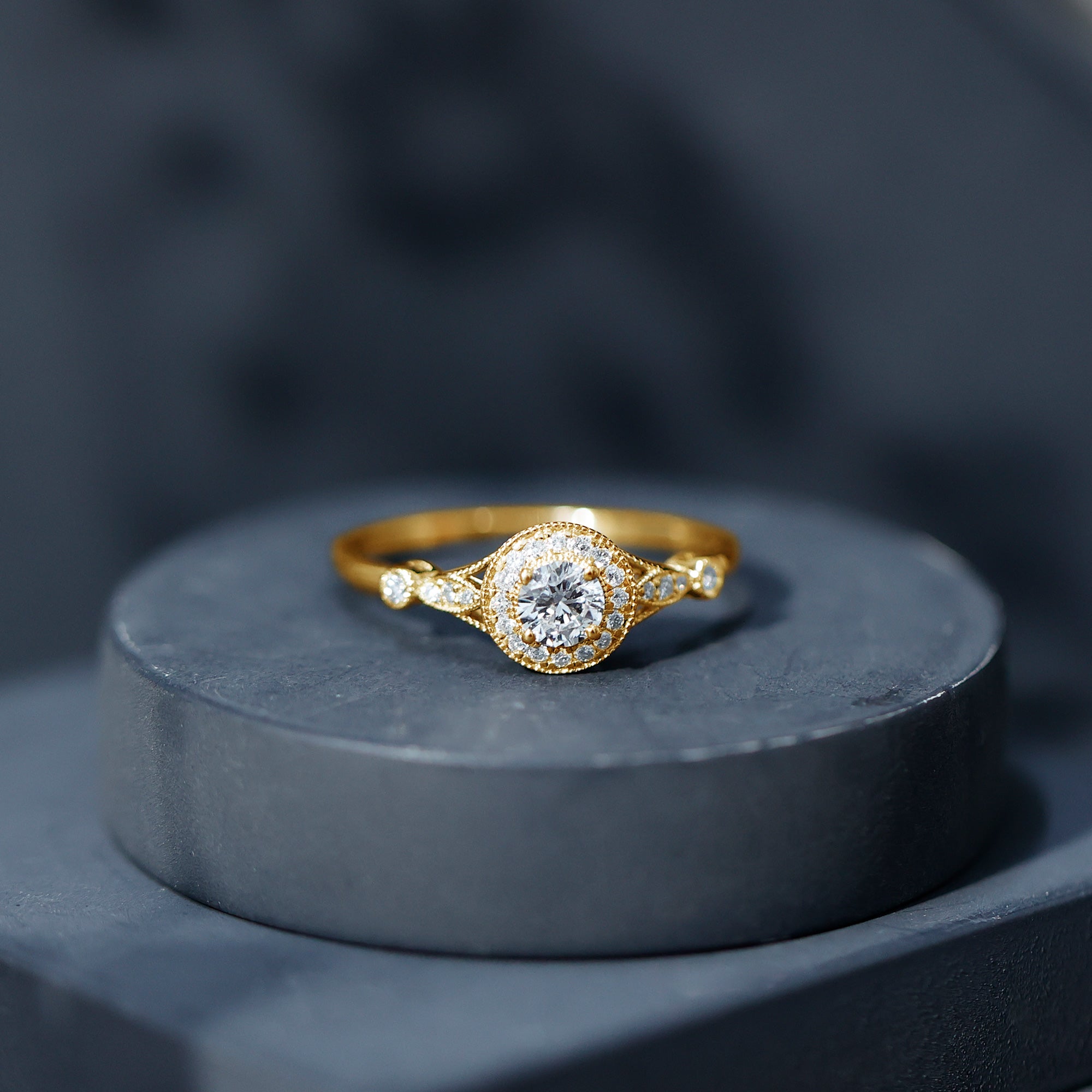 Antique Inspired Zircon Halo Engagement Ring